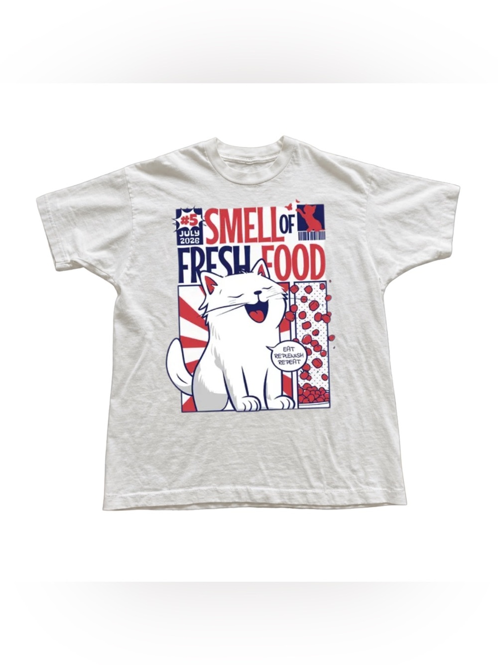 White Graphic Tee with Red & Blue Cat "Smell of Fresh Food" Design